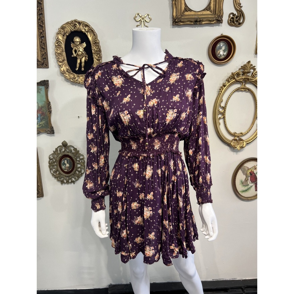 Angie Purple Floral Print Long Sleeve Smocked Waist Ruffle Mini Dress Size M